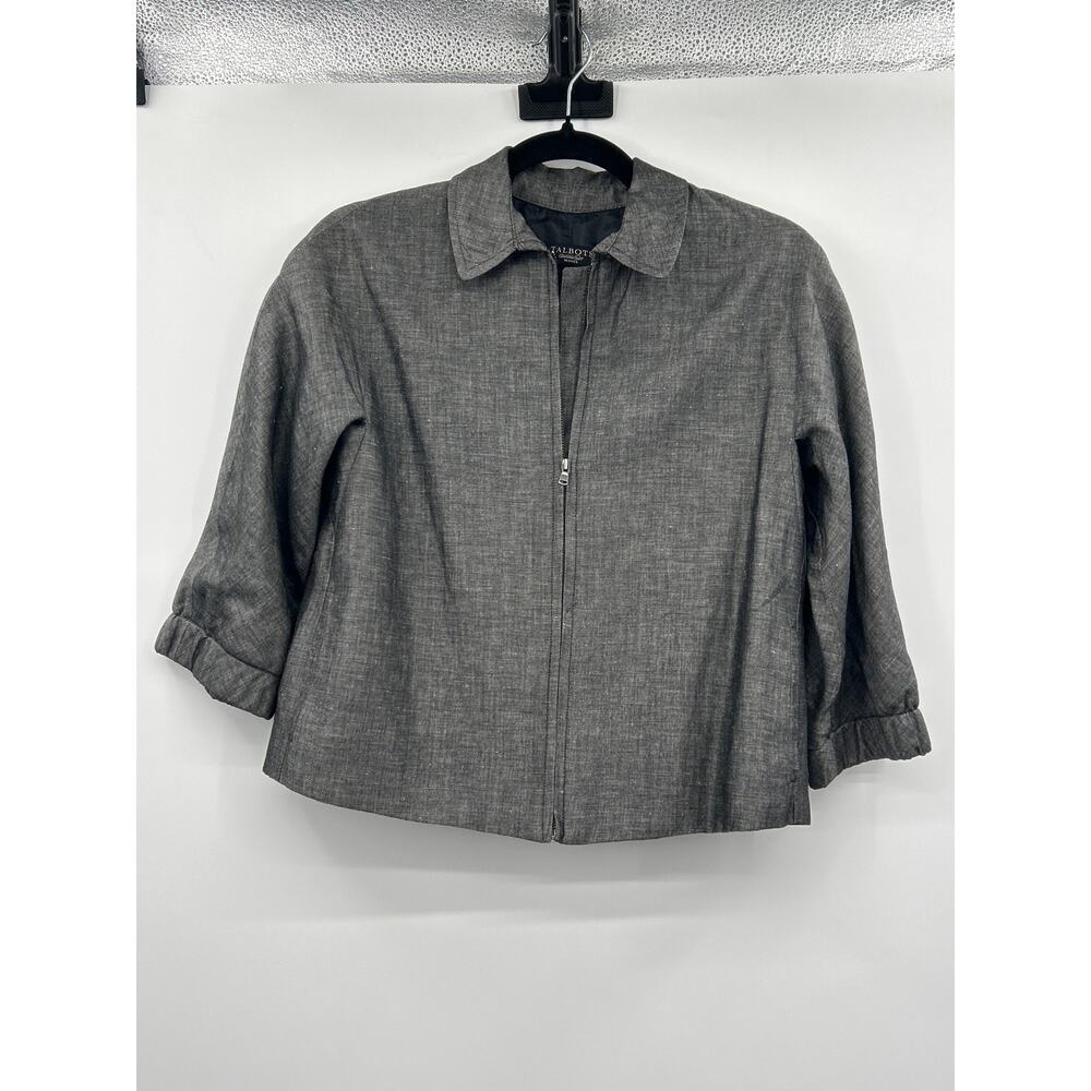 Talbots Gray Linen Blend Cropped Jacket Blazer Petite 2P Zip Front Career Chic